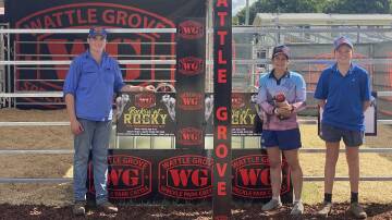 Max Humphries, Olivia Delaforce and Henry Humphries at their family trade site at Beef 2024. The family has properties in Oberon and Nundle in NSW and a property at Allora, Queensland. Picture supplied 