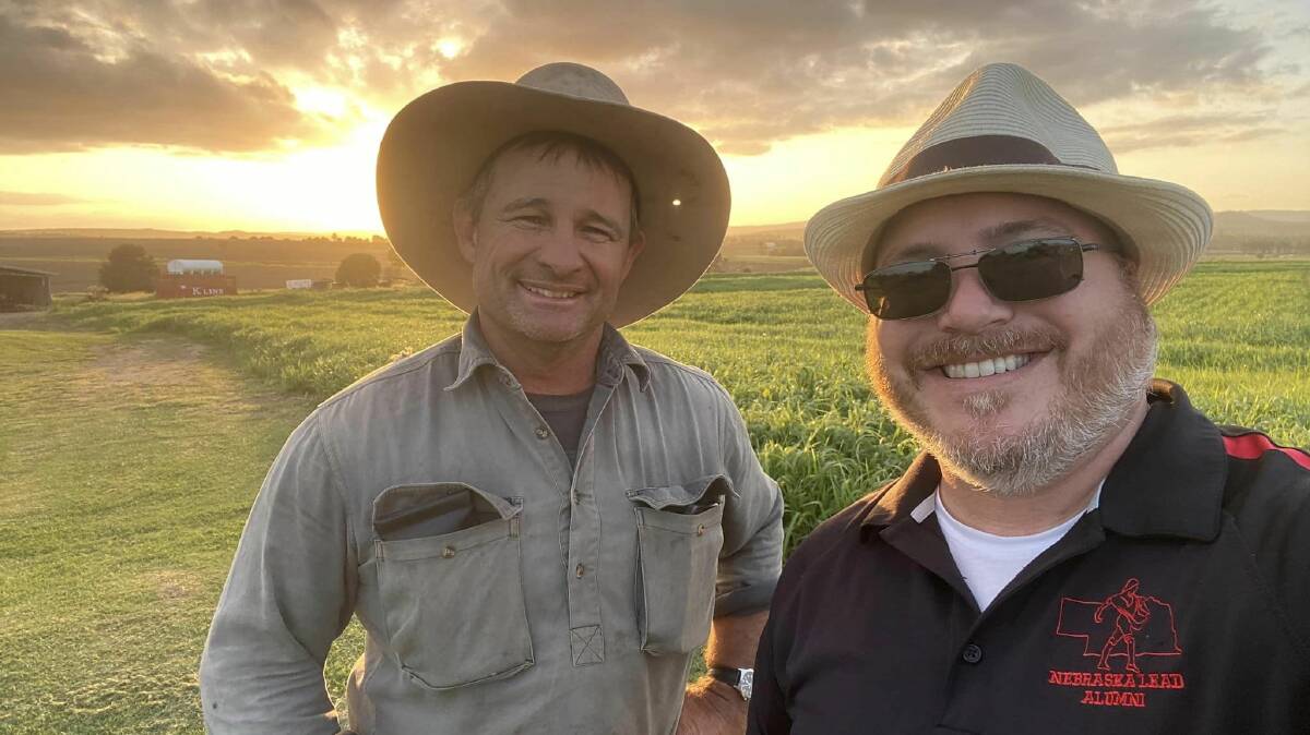 Monto grower Matthew Pattie and Nebraska visitor Nate Blum. Pic Nate Blum