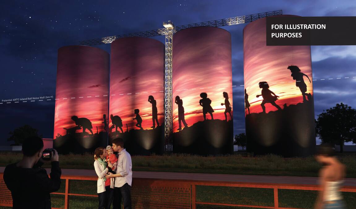 An artist's impression of the Forest Hill silos mural depicts where ARTC may have to construct a noise wall as part of its Inland Rail proect. Illustrations: LVRC