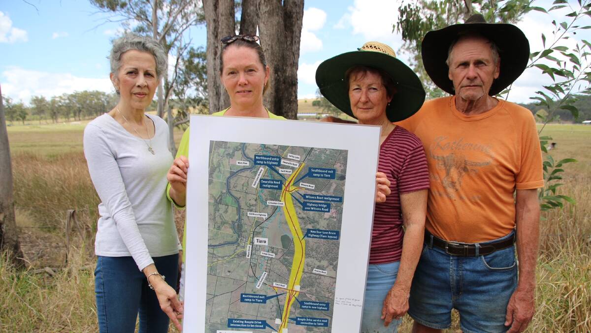 Bauple locals and members of the bypass subcommitee, Marianne Pink, Dani-Lee Kershaw, and Lynne and Ron Stratford, with the groups alternative proposal to the Tiaro Bypass plans. Pictures: supplied