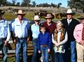 Angus, Peter and Lou Capel, Bungulla Shorthorns, Harvey Job-Brown, Rygate, Surrey, UK with his grandparents, Neilson and Sue Job, Royalla Shorthorns, Yeoval, the auctioneer, Paul Dooley and Elders stud stock's Brian Kennedy. Pictures by Simon Chamberlain