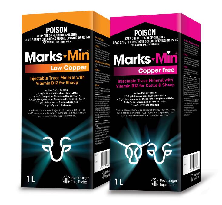 The Marks-Min for Sheep range contains trace minerals selenium, manganese, zinc, and B12 and is available with, or without copper. Picture supplied