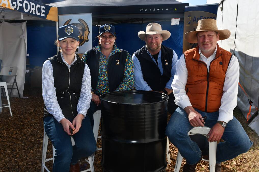 At the AgForce tent at Elders FarmFest 2024 were senior policy advisor Annie Ruttledge, board member and SEQ regional director Kelly Ostwald, regional manager for SEQ Scott Reed and grains president Brendan Taylor. Picture by Paula Thompson