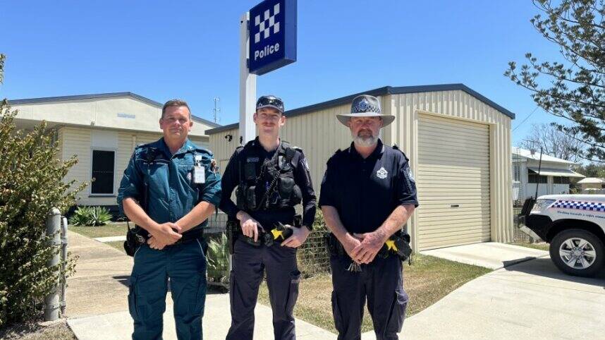 OIC at Baralaba Police Station Sergeant Wylie Steel, Constable Callam Moriarty, and OIC at Baralaba Ambulance Station Vaughan Mason. Picture supplied 