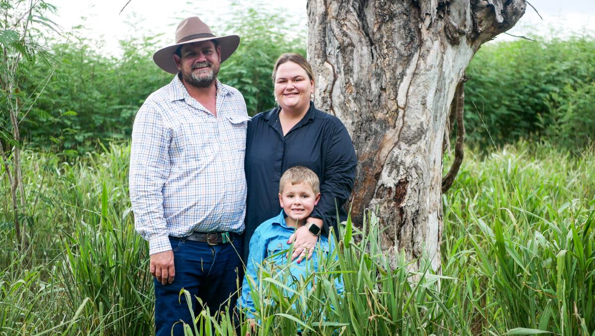 Sam, Casey and Oliver Alsop at their Biloela home property Overflow where they breed commercial cattle and grow leucaena for fodder and seed distribution. Pictures by Ellouise Bailey 