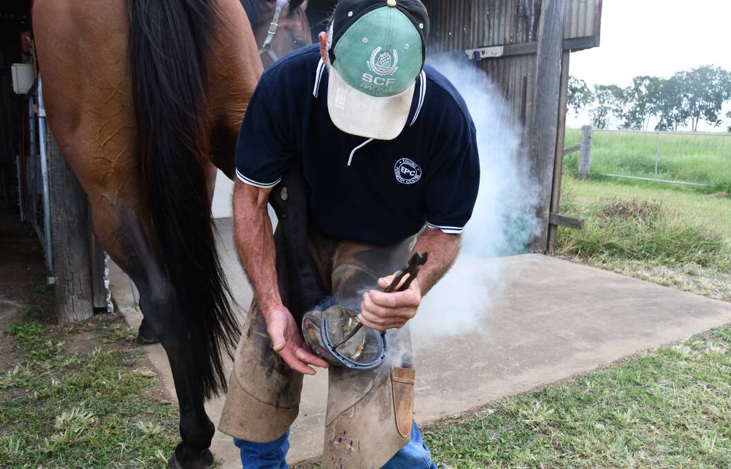 Farrier Shaun Beveridge fits the shoe for size. Picture: Judith Maizey