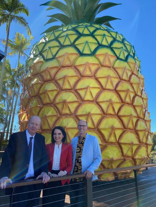 Big Pineapple owner Peter Kendall with Sunshine Coast mayor Rosanna Natoli and Visit Sunshine Coast CEO Matt Stoeckel. Picture: Visit Sunshine Coast