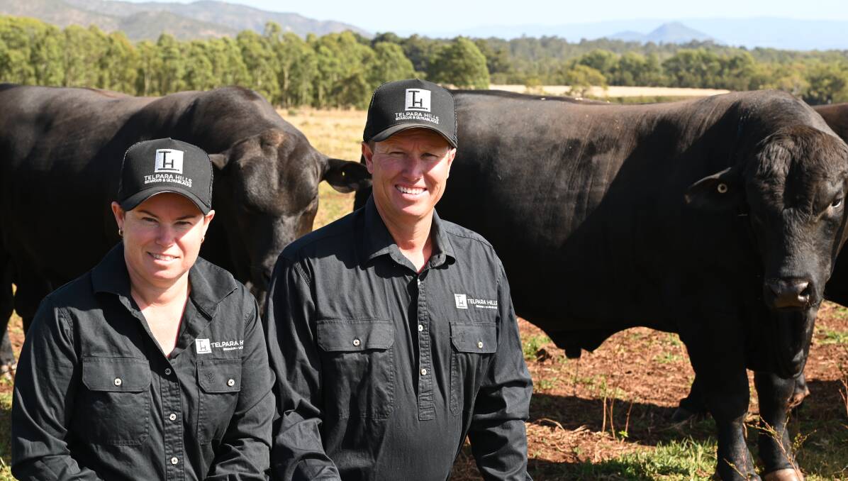 Fiona Pearce and her brother, Stephen, of Telpara Hills Brangus and Ultrablacks with an Ultrablack bull. Picture: Supplied
