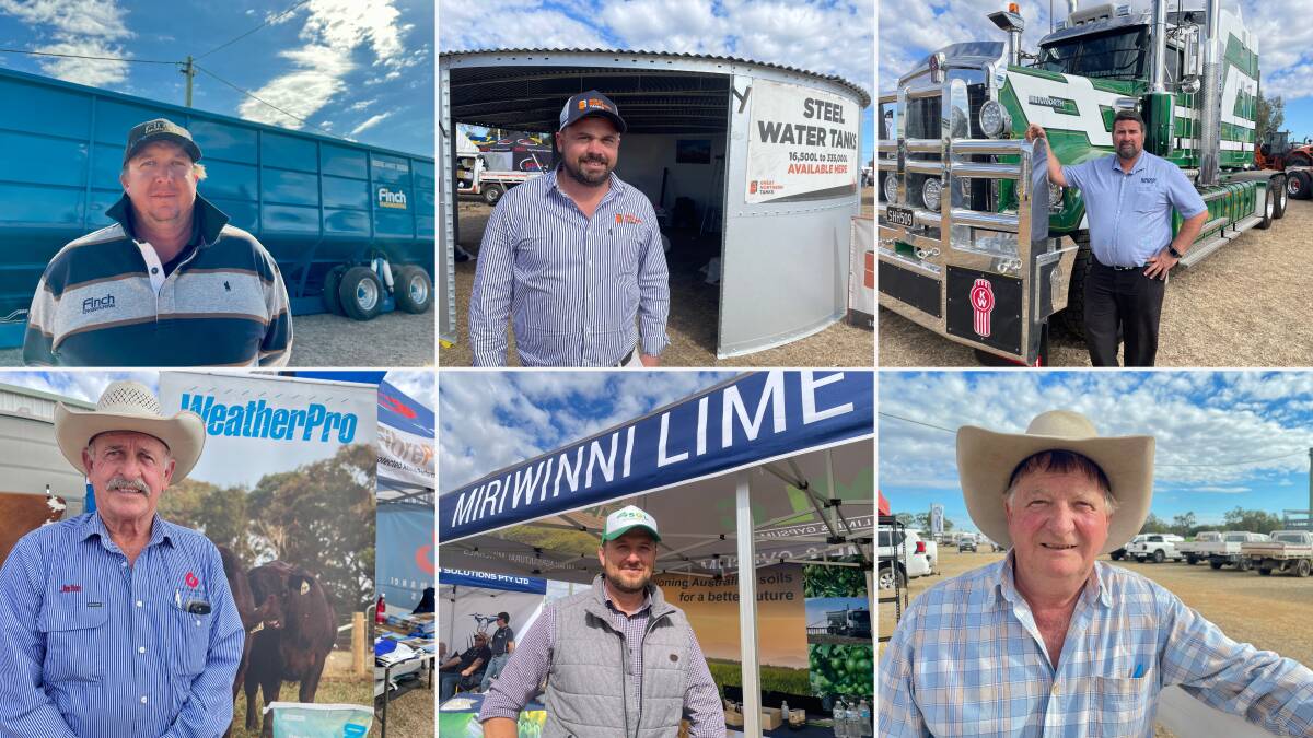 Some of the Ag-Grow exhibitors (top clockwise) Leroy Finch, Finch Engineering; Ben Howarth of Great Northern Tanks; Brown and Hurley's Tony Urzi, Paul Gollan, Paul Gollan Saddlery; Dan Willman of AAM; and John Friend, Performance Feeds. PIctures: Judith Maizey
