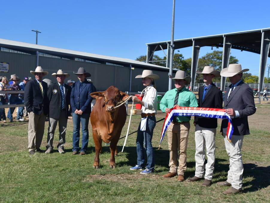 The 2024 Supreme Champion Female at the Rocky Show was Glenlands D Footloose. She is pictured with judges Steve Farmer, Stewart Borg, Gracie Dolinski, handler Tayla Childs, sponsor Dane Pearce of Nutrien Ag Solutions and associate judges Zac Connor and Dawson Jones. Picture: Judith Maizey