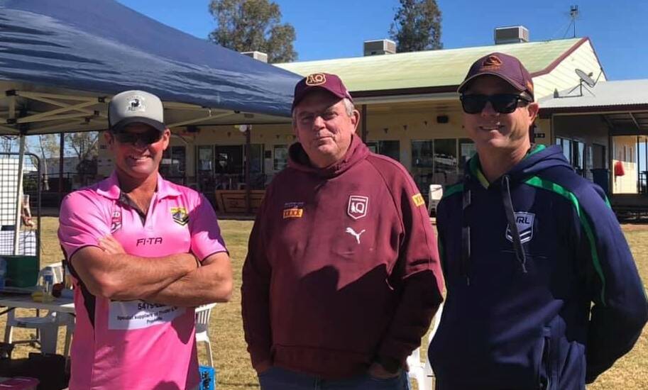 Peter Rafter (centre) with Blackall Junior Rugby League president Brett Hayman and Troy Duncan, former NRL development officer, at the 2021 Central West Grand Final in Ilfracombe. Picture: supplied
