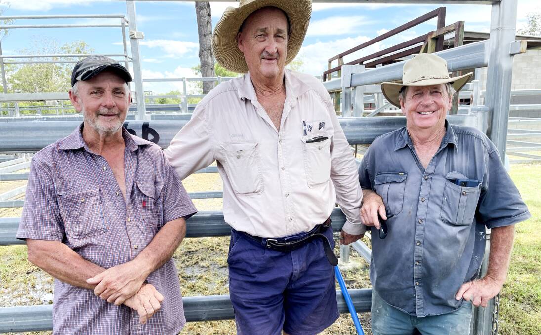 At the Scenic Rim store sale at Beaudesert on Friday, L-R Paul Cahill, Clifford Nuhn and Kevin Venz, watched the action. Mr Nuhn purchased four cows, Picture: Alison Paterson