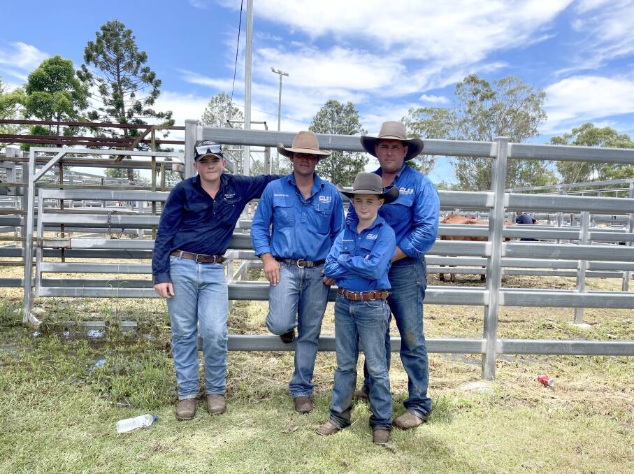 Ar the Scenic Rim store sale at Beaudesert on Friday NR Livestock's Ian Hynd Far left) caught up with GLM staff Connor Veraart, Miles Gilliland, 13, and Brendan Gilliland. Picture: Alison Paterson