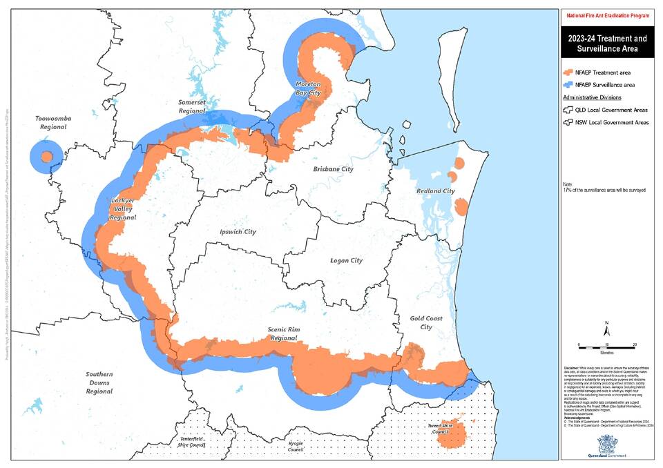 A map showing the National Fire Ant Eradication Program treatment and surveillance area for 2023 to 2024 in south east Queensland. Picture: Supplied