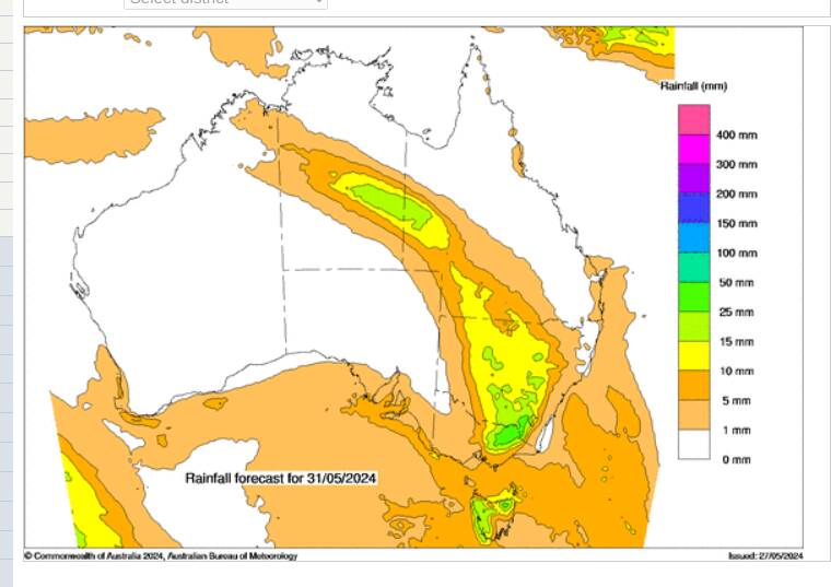 The Bureau of Meteorology issued this map display of automated forecasts from computer models showing predicted rainfall for Queensland on May 31, 2024. Picture: Supplied