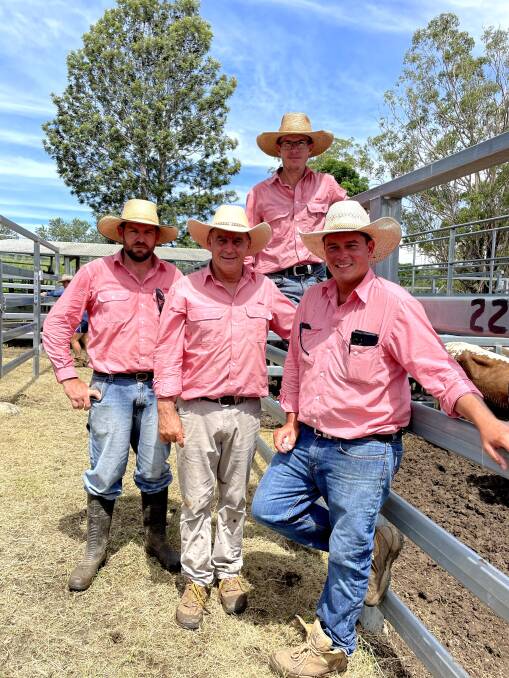 Elders staff at the Scenic Rim sale in Beaudesert on Friday L-R Brendan Magee, Andrew Thomson, Carl Young and Tim Maas on the rails. Picture: Alison Paterson