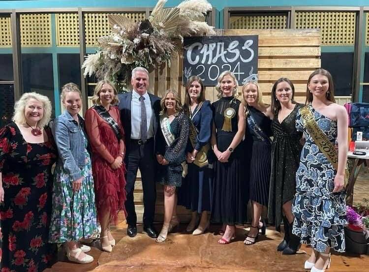 Proserpine Show Society president and judge Donna Rodgers, Emerald Rural Ambassador Brielle Pukullas, Clermont Showgirl Kate Dyer, Member for Burdekin and judge Dale Last, 2024 Central Highlands Showgirl runner up Annalee Godwin, 2024 Central Highlands Showgirl winner Sarah Perkins, 2024 Central Highlands Rural Ambassador winner Jessica Mayne, Alpha Showgirl Georgia Graham, judge Patrice Douglas and 2023 Central Highlands Showgirl Lillian Lawrence. Picture: Supplied 