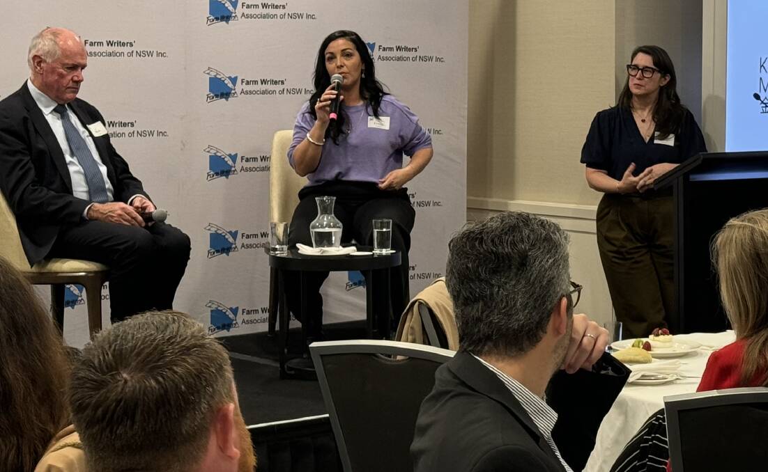 Victorian Farmers Federation president, Emma Germano, addresses the Farm Writers Association of NSW forum flanked by Australian Competition and Consumer Commission deputy chairman, Mick Keogh, and discussion moderator, Katie McRobert, from the Australian Farm Institute. Photo Robert Hardie.
