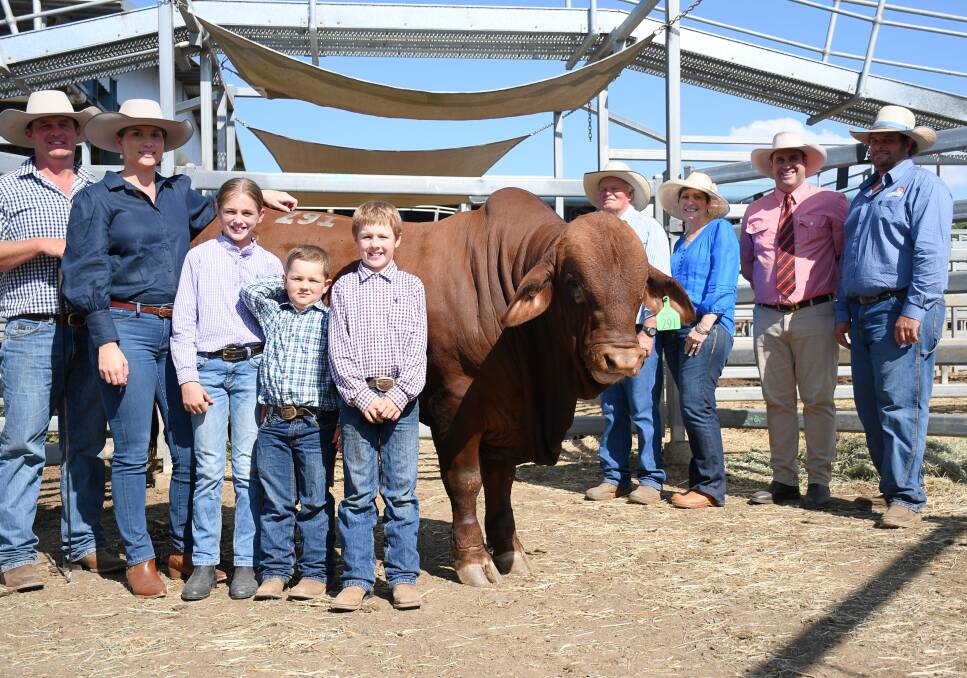 The $220,000 bull of the 2022 sale Oasis A Long John, with vendors Adam, Shelley, Mackenzie, Connor, and Archie Geddes, buyers Peter and Deleece Carrington (son Luke far right), and Anthony Ball, Elders. Picture by Clare Adcock