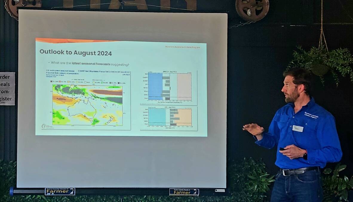 University of Southern Queensland and Bureau of Meteorology climate scientist Dr Andrew Marshall going through forecasts for the coming months, at the AgForce update at Dulacca. Picture: Sally Gall