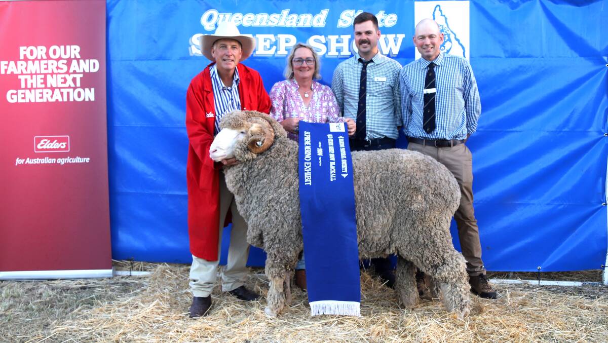 Mount Ascot Merinos Nigel and Rosemary Brumpton, judges Daniel Rogers and Warren Russell, and the supreme Merino exhibit. Picture: Sally Gall