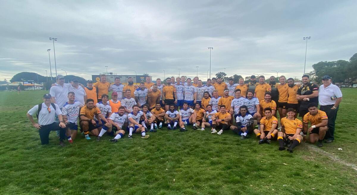 The Queensland Outback Barbarians and Perth Gold teams at the conclusion of their clash at the Australian Rugby Shield in Adelaide. Picture: supplied