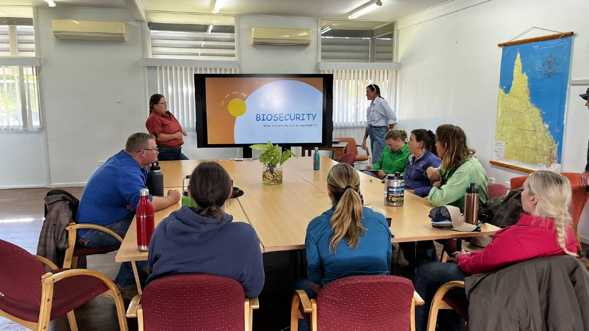 Department of Agriculture officers Donna Weber and Anna Marie Moffat conducting the biosecurity session. Picture: Meg Bassingthwaighte