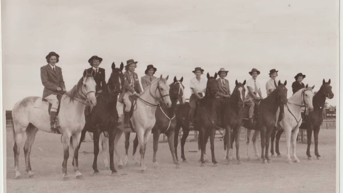 Lady riders at Blackall's show in 1950. Second left, Buddy Wagstaff, third left Betty Harlow, second right Colleen Skewes, fourth right Sue Armstrong. Picture: Ken Riley 