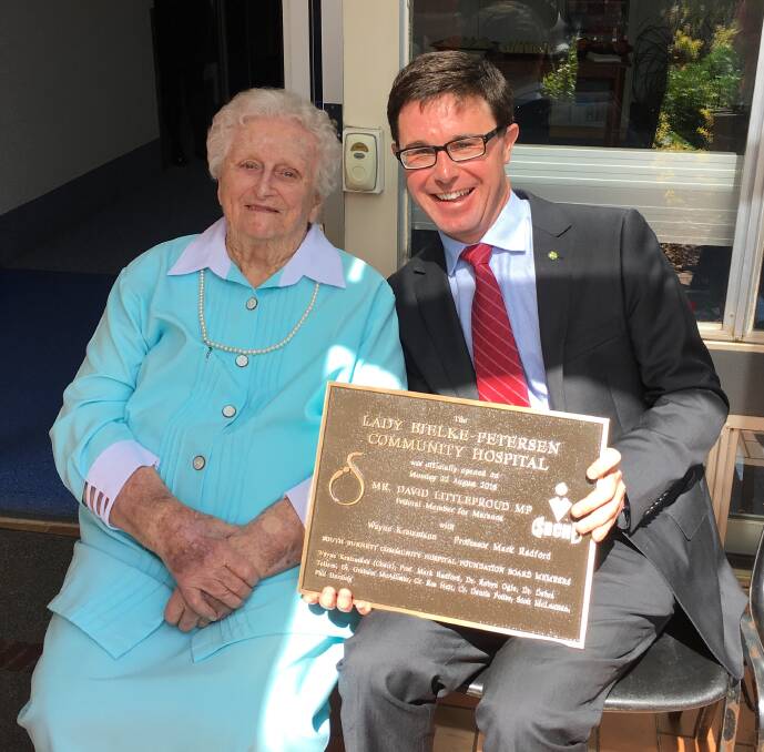 Lady Florence Bjelke-Petersen with the Federal Minister for Agriculture and Water Resources, Maranoa MP David Littleproud at the opening of Kingaroy’s Lady Florence Bjelke-Petersen Community Hospital in August last year.  