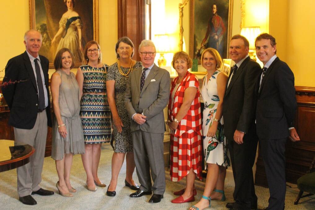 Queensland Governor the honourable Paul de Jersey AC with descendants of former Governor, Sir Leslie Wilson, who was instrumental in launching BUSHkids more than 80 years ago. From Ian, Kelly and Leslie Carruthers with Kaye, Rachel, Charlie, David and Amelia (second left) Wilson. 