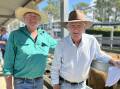 The Buhle family won champion pen of weaners with their pen of Charolais cross steers which made $1360. Pictured are Paul and Peter Buhle. Picture supplied by Hayes and Co 