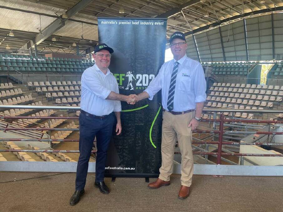 Federal Agriculture Minister Senator Murray Watt with Beef Australia CEO Simon Irwin at the Central Queensland Livestock Exchange selling complex in Gracemere on Monday. Picture supplied by Beef Australia 