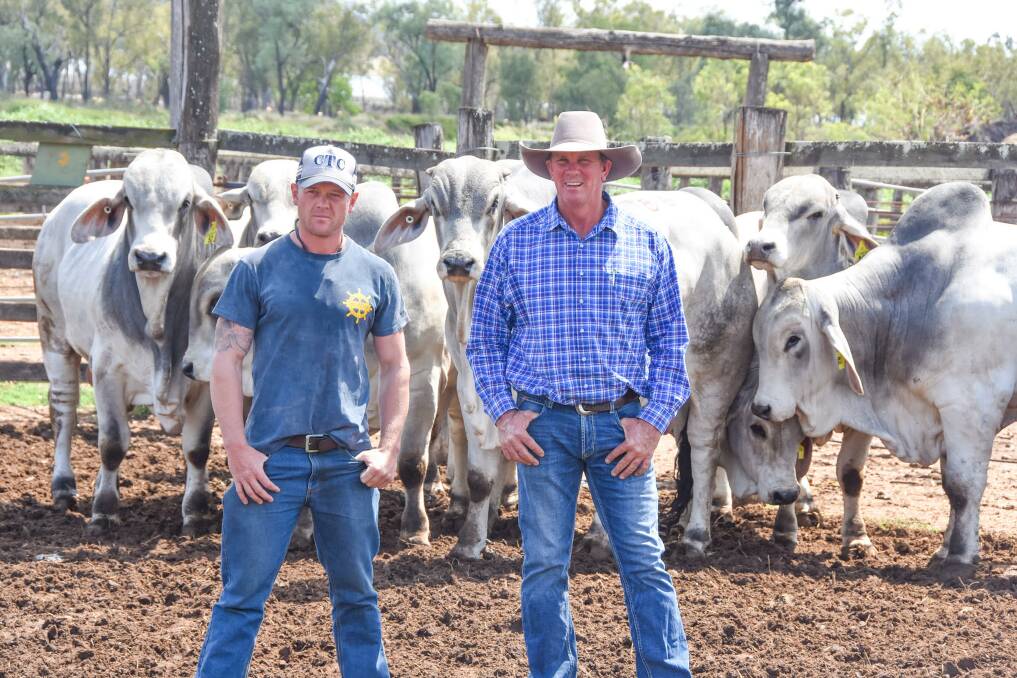 Mitch Fry and Dan Condon of Strathmore Station, Collinsville, are all smiles after securing 20 bulls at this year's Rockhampton Brahman Week Sale at CQLX, Gracemere. Pictures by Ben Harden 