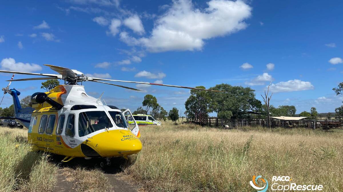RACQ CapRescue Rescue 300 helicopter and Queensland Ambulance Service were tasked to a rural property, 120km south of Rockhampton after reports a couple had been trampled by cattle. Picture supplied by RACQ CapRescue. 