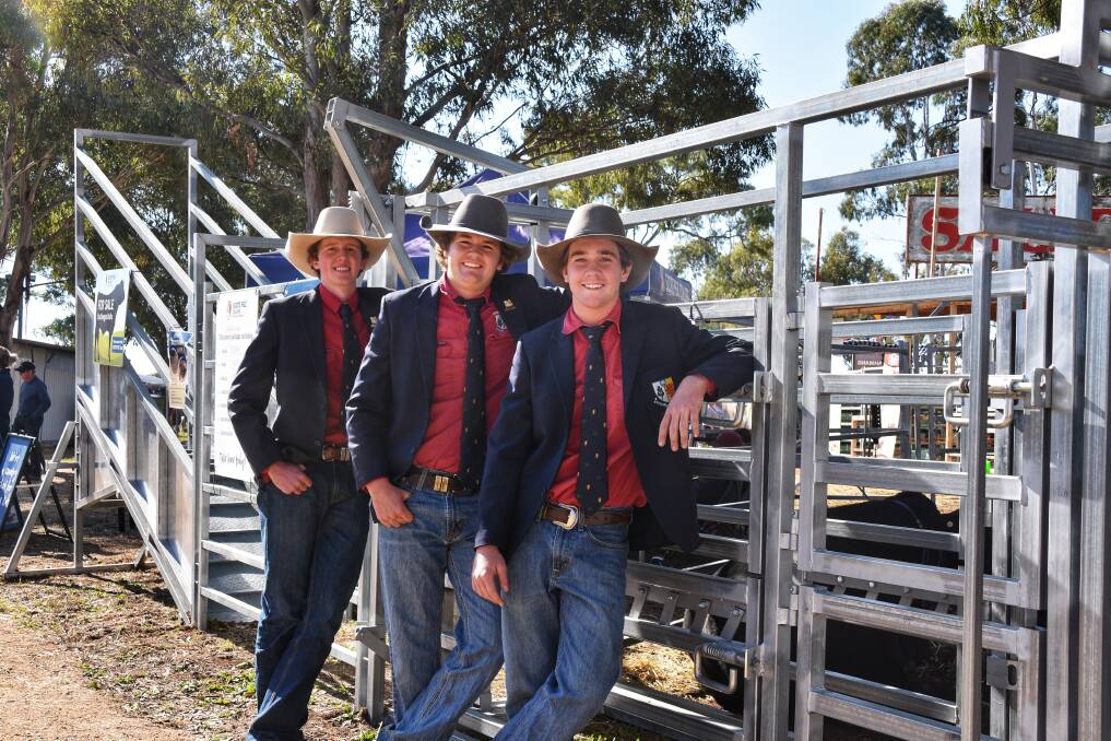 Warwick's SCOTS PGC College certificate II in engineering students, Ben Carey, Ryan Bohm, and William Bryant, among the engineering students who sold the portable yards, crush and loading ramp at Elders FarmFest last week. Picture: Ben Harden 
