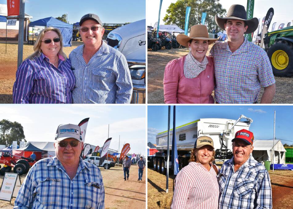 Clockwise from the top: Scott and Penny Maguire, Mackay, Brad Corrie and Emma Benjamin, Goovigen, Pat Madigan, Quartz Blow, Charters Towers, and Juanita and Allan Gordon, Minnie Vale, Bowen, were all smiles at the Emerald Ag-Grow field days event. Pictures by Ben Harden 