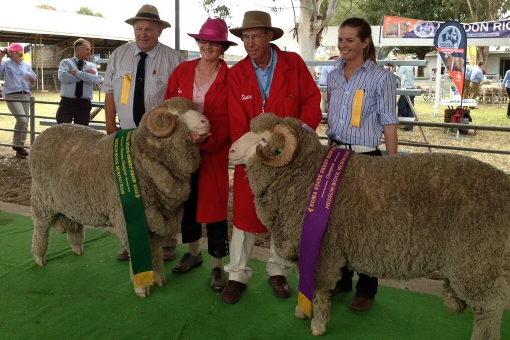 Judge John Daniell, White River Stud, Minnipa, SA, with Graham and Mary Wells, One Oak Merino Stud, Jerilderie, NSW, and associate judge, Catherine Roberts, Victoria Downs, Morven. One Oak exhibited the champion and reserve champion medium wool Merino Ram at the State Sheep Show in Roma today.