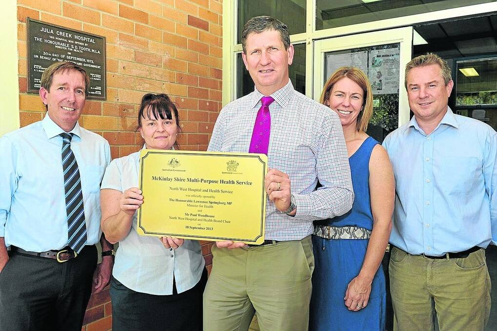 North West Hospital and Health Service chairman Paul Woodhouse, acting director of nursing Karen Thorne, Health Minister Lawrence Springborg, McKinlay Shire Mayor Belinda Murphy and Dr Andrew Mulchay, in Julia Creek.