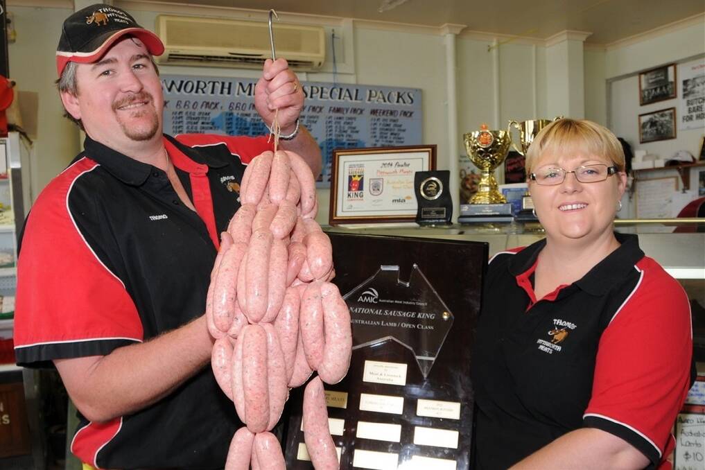 Jade and Katrina Thompson, Thomo's Pittsworth Meats, Pittsworth, with their lamb, spinach and feta sausages.