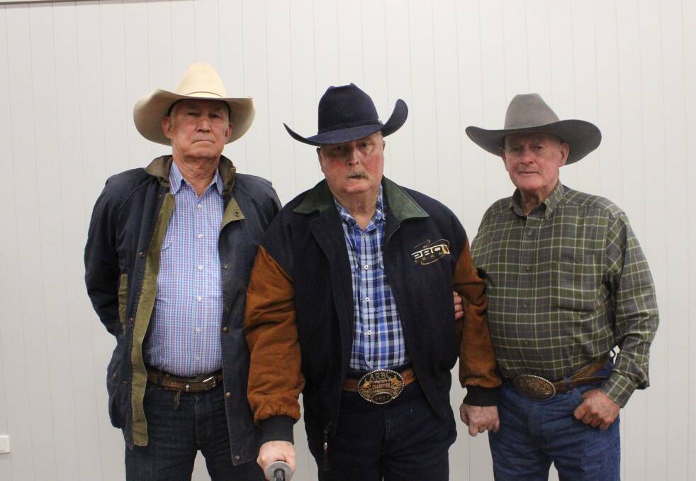 John Arnold and Ken May are now in the Australian Stockman's Hall of Fame and are pictured with Ian Francis at a tribute dinner in Dalby last Thursday. Picture: Helen Walker