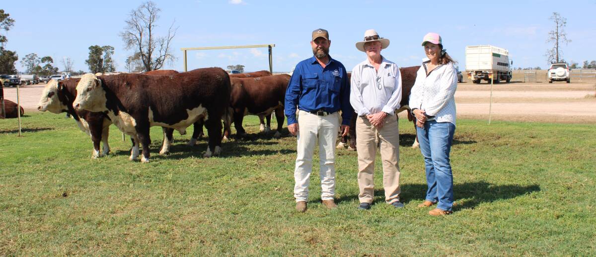 Devon Stud principal Tom NIxon with Dale and Kelsey Neilsen, Two Rivers, Boulia who bought four bulls Picture Helen Walker.