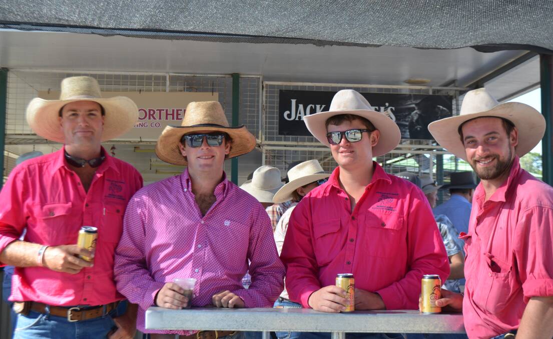 Mark Lawler, Jake Keogh, Luke Roche and Todd Nelson wearing pink for the cause. Warwick Campdraft and Rodeo was a sea of pink on Friday, all in support of breast cancer research.