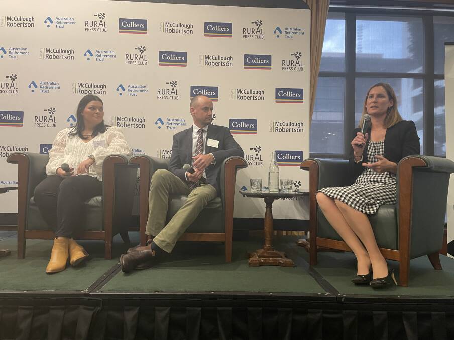 Panelists Marti Beeston from the One Basin CRC, Nick Waters, Riparian Capital Partners, and Zara Lowien, National Irrigators Council, speaking at the Rural Press Club. 