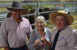 Australian Braford Society president Stuart Dingle, Chasewater Braford stud, Mount Perry, newly-inducted society life member Elaine Lill, Chadwick Downs Cattle Co, Coonabarabran, NSW, and Don McNamara, MCN Brafords, Bell, at Beef 2024 in Rockhampton. Pictures by Bryce Eishold