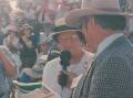 Maureen Olive being interviewed by announcer Angus Lane after the Beef 1991 interbreed bull win. Picture: Supplied